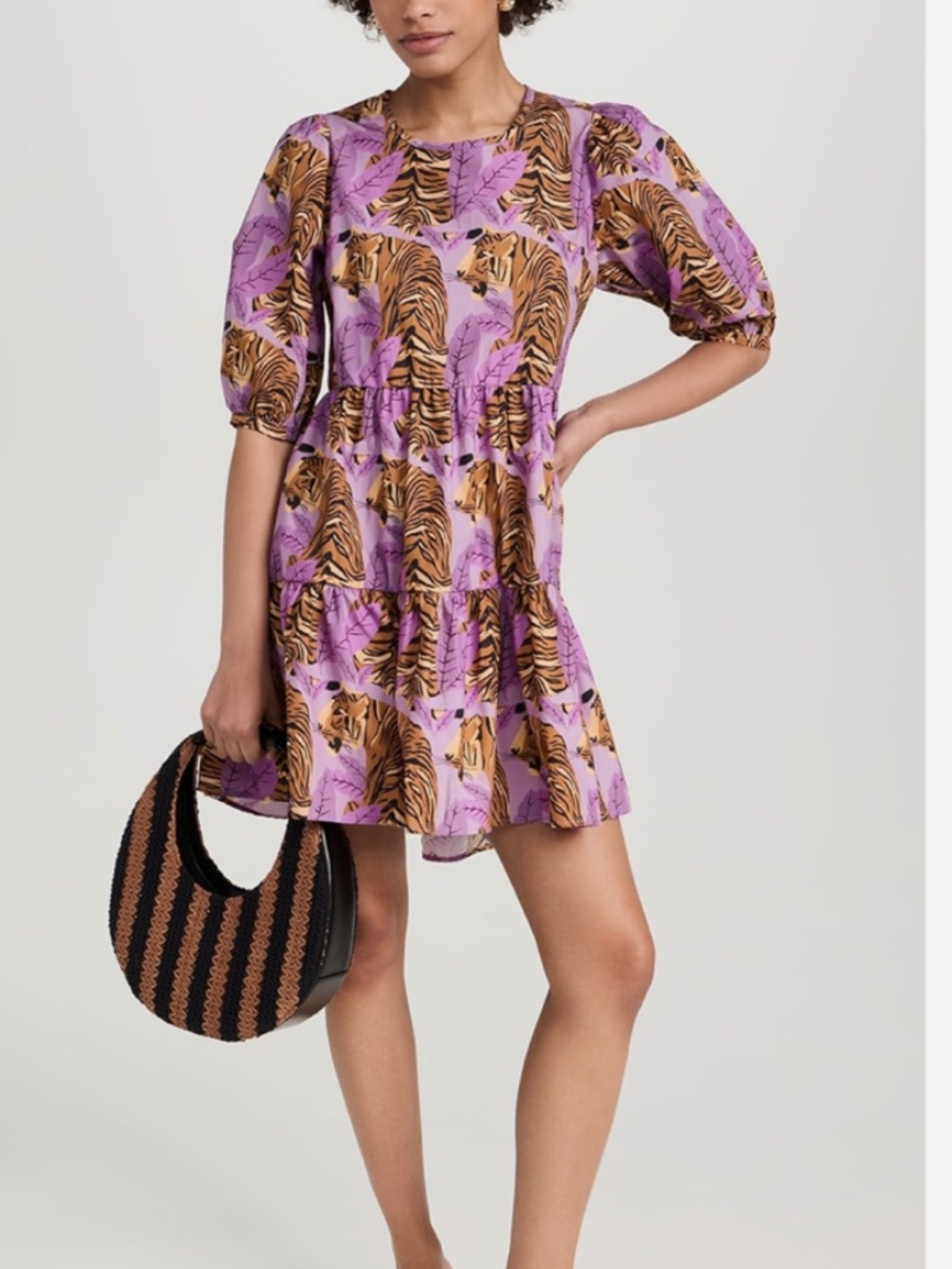 FARM Rio Tiger Leaves Lavender Puff Sleeve Mini Dress, Size Medium - Picture 2 of 9